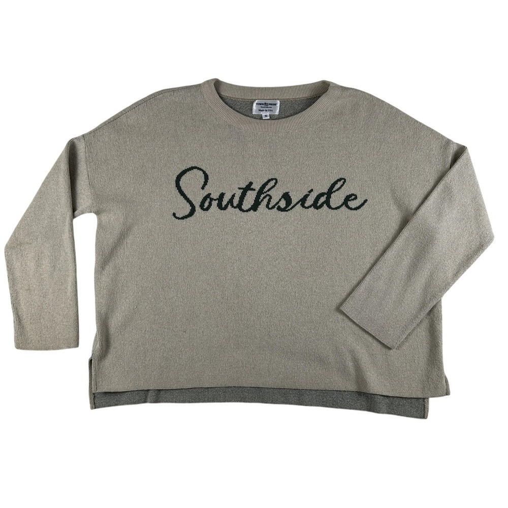 Town Pride Sweater Womens Small Beige Southside Graphic Knit Pullover Made USA